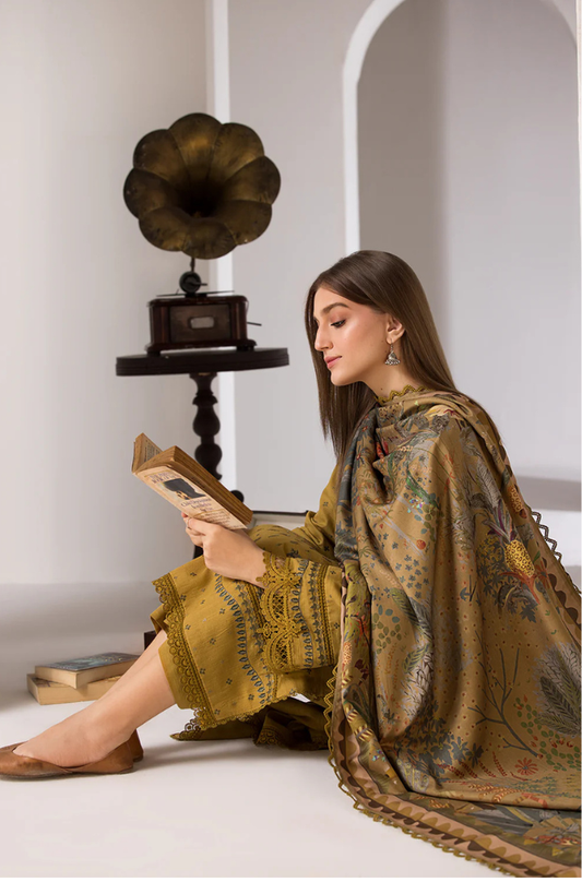 3PC DHANAK EMBROIDERED SHIRT WITH TWILL PRINTED SHAWL AND TROUSER-686