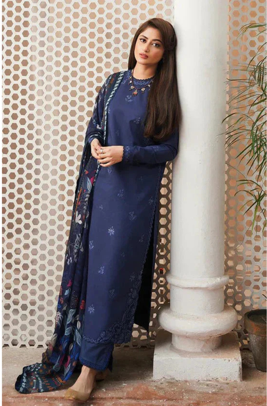 3PC DHANAK EMBROIDERED SHIRT WITH PRINTED WOOL SHAWL-666