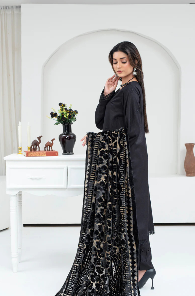 CREATION Dhanak 3PC Chikankari Embroidered Shirt With Velvet Plachi Shawl- 2107