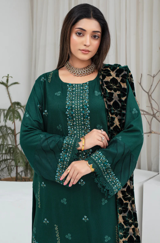 CREATION Dhanak 3PC Chikankari Embroidered Shirt With Velvet Plachi Shawl- 2105