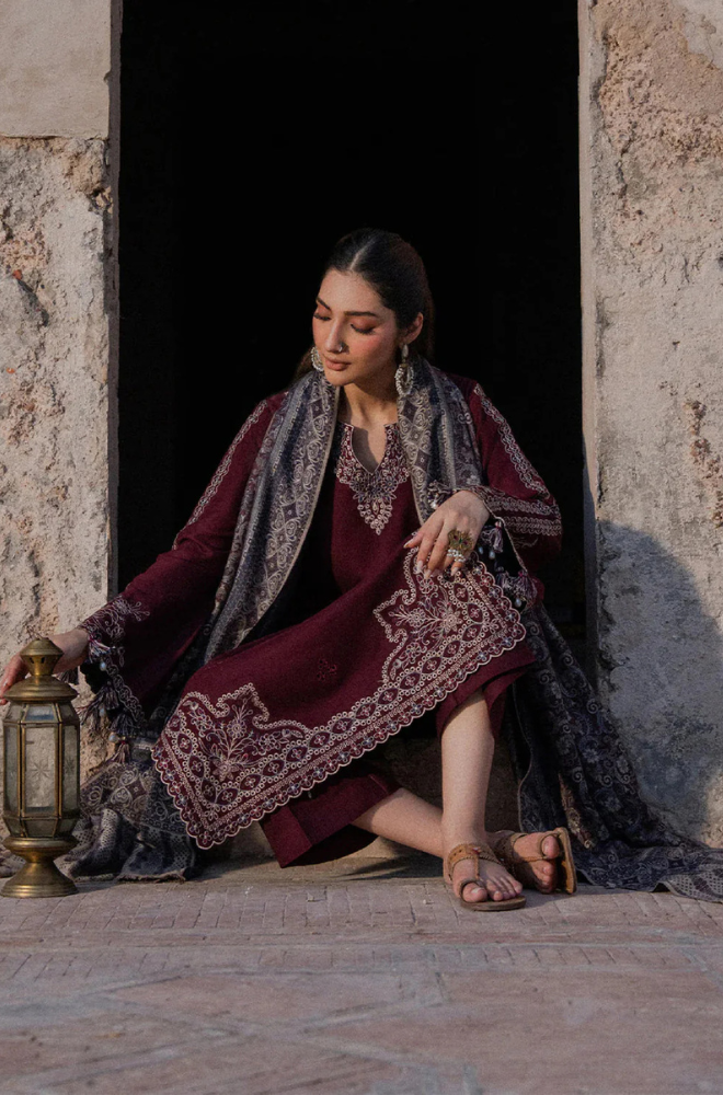 Dhanak-3PC Embroidered Shirt with Digital Printed Wool Shawl - 3537