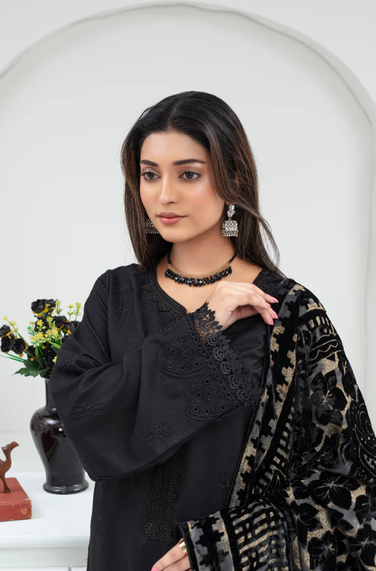 CREATION Dhanak 3PC Chikankari Embroidered Shirt With Velvet Plachi Shawl- 2107