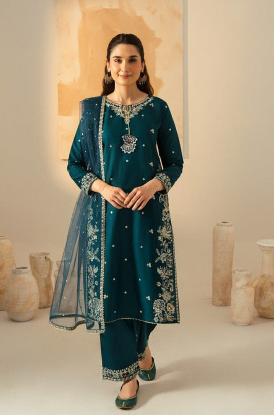 Dhanak-3PC Embroidered Shirt with Chiffon Embroidered Dupatta - 3531
