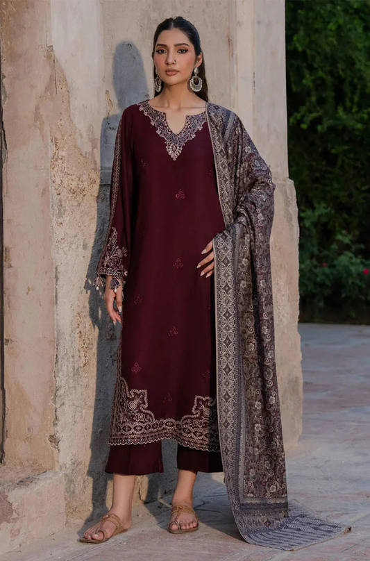 Dhanak-3PC Embroidered Shirt with Digital Printed Wool Shawl - 3537