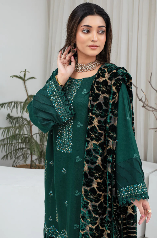 CREATION Dhanak 3PC Chikankari Embroidered Shirt With Velvet Plachi Shawl- 2105