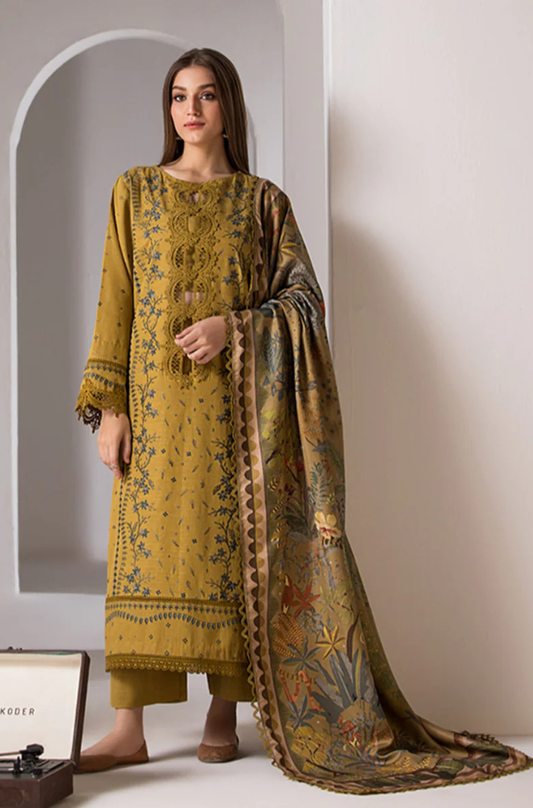 3PC DHANAK EMBROIDERED SHIRT WITH TWILL PRINTED SHAWL AND TROUSER-686