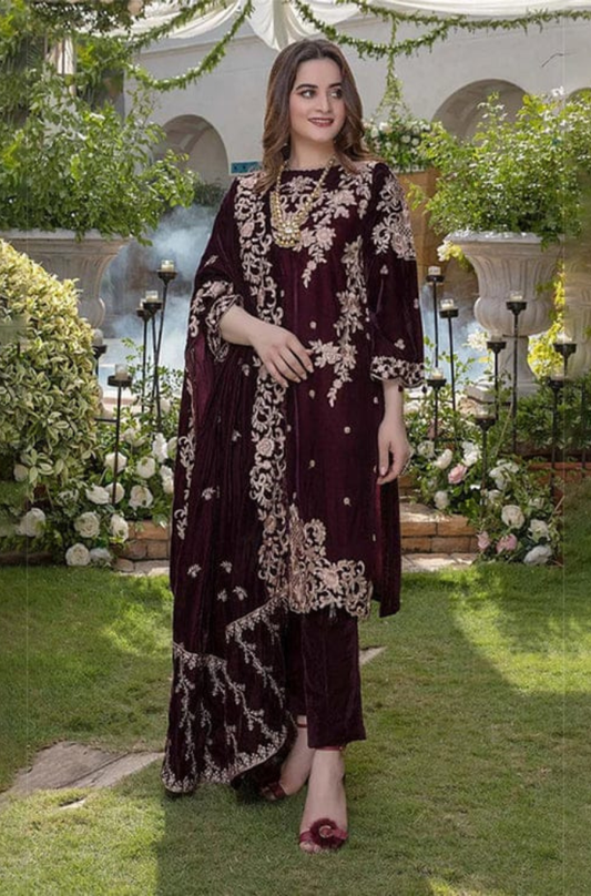 Velvet-3pc Embroidered with Velvet Embroidered Dupatta-955