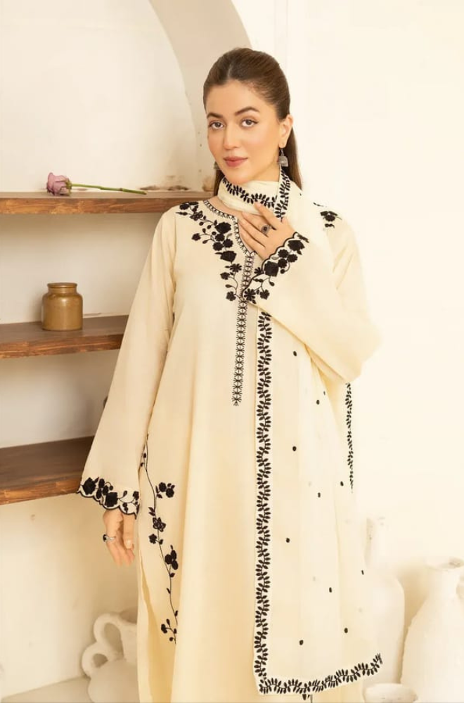 Dhanak-3PC Embroidered Shirt with Chiffon Embroidered Dupatta - 3510