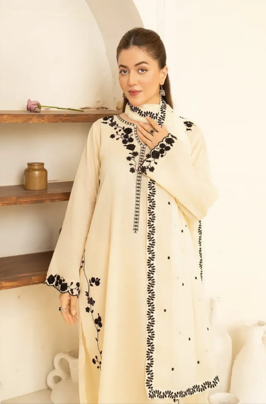 Dhanak-3PC Embroidered Shirt with Chiffon Embroidered Dupatta - 3510