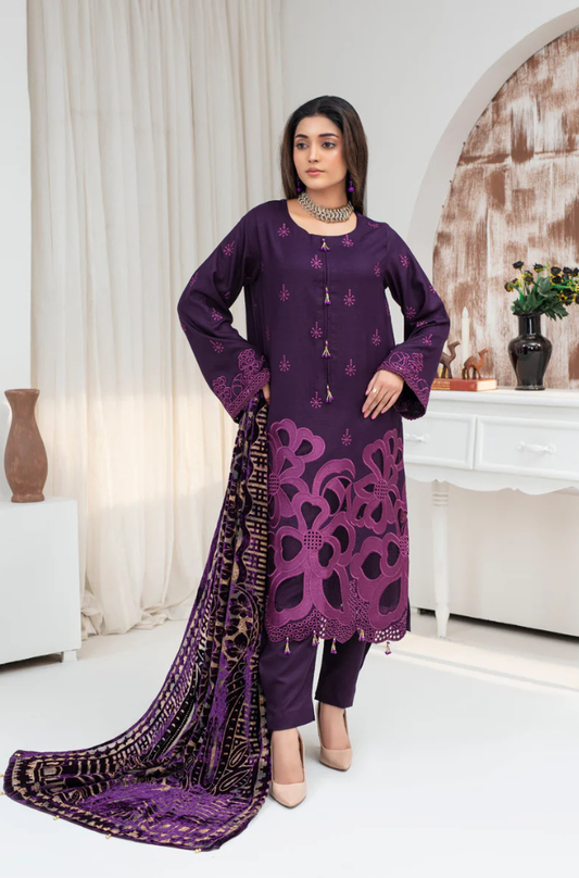 CREATION Dhanak 3PC Chikankari Embroidered Shirt With Velvet Plachi Shawl- 2108