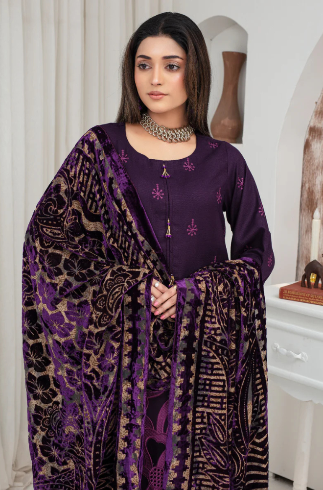 CREATION Dhanak 3PC Chikankari Embroidered Shirt With Velvet Plachi Shawl- 2108