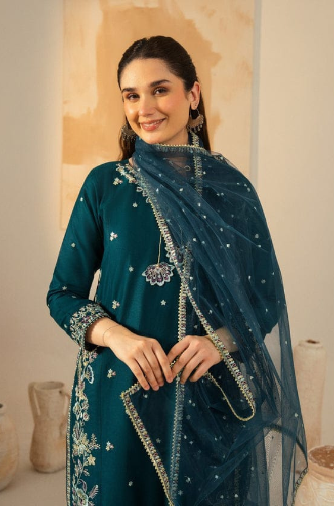 Dhanak-3PC Embroidered Shirt with Chiffon Embroidered Dupatta - 3531