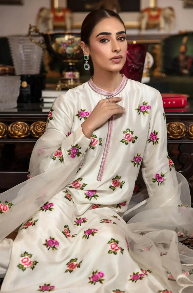 Silk 3PC Embroidered With Organza Embroidered Dupatta-1317