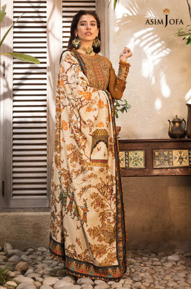 Dhanak-3PC Embroidered Shirt with Digital Printed Wool Shawl - 3572