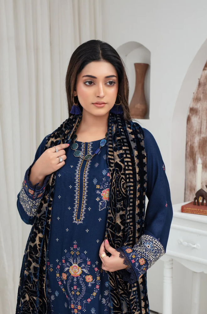 CREATION Dhanak 3PC Chikankari Embroidered Shirt With Velvet Plachi Shawl- 2103