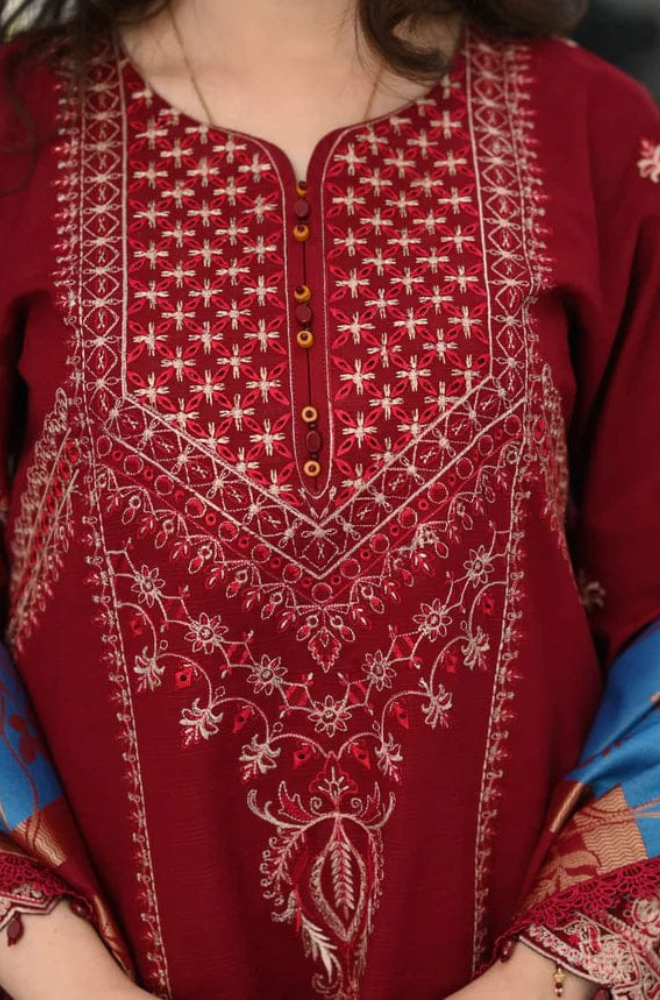 Dhanak-3PC Embroidered Shirt with Digital Printed Wool Shawl - 3527