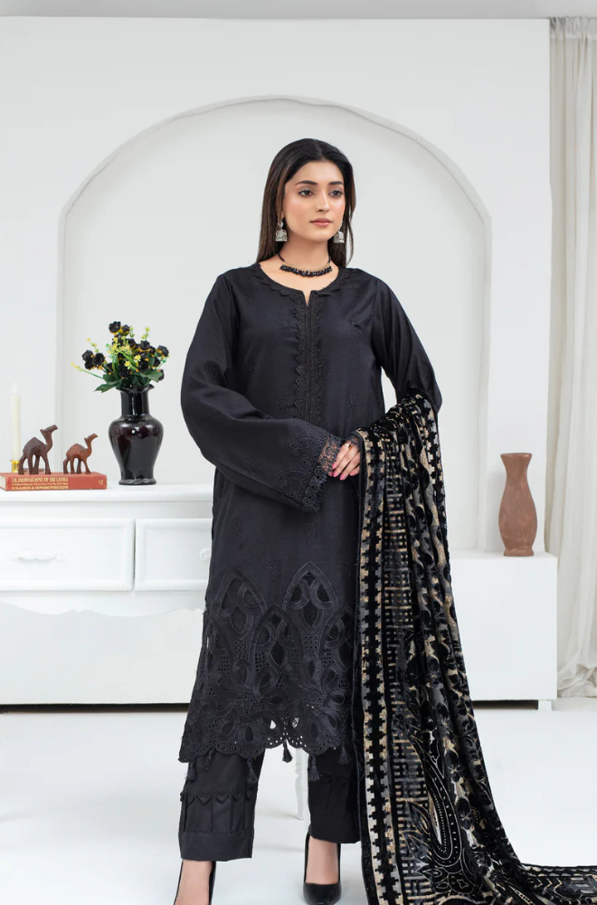 CREATION Dhanak 3PC Chikankari Embroidered Shirt With Velvet Plachi Shawl- 2107