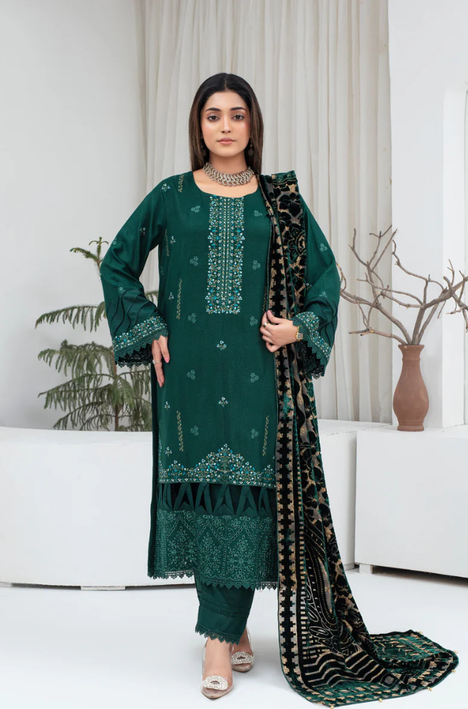 CREATION Dhanak 3PC Chikankari Embroidered Shirt With Velvet Plachi Shawl- 2105