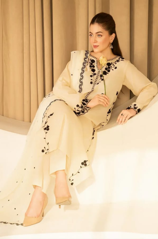 Dhanak-3PC Embroidered Shirt with Chiffon Embroidered Dupatta - 3510