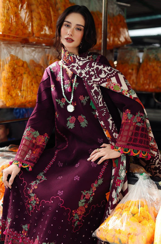 Dhanak-3PC Embroidered Shirt with Digital Printed Wool Shawl - 3555