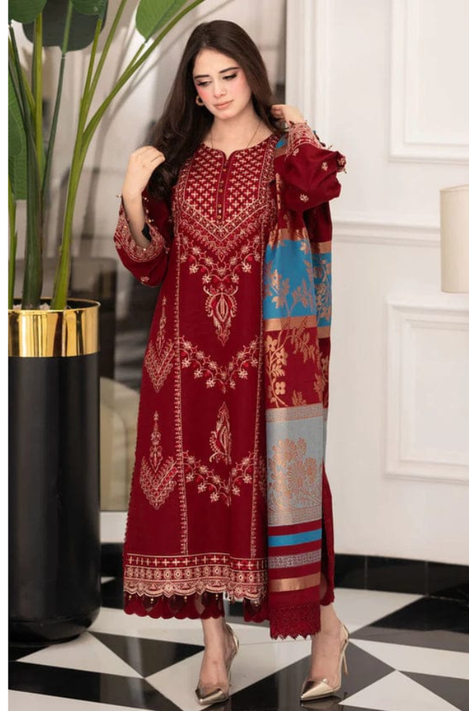 Dhanak-3PC Embroidered Shirt with Digital Printed Wool Shawl - 3527