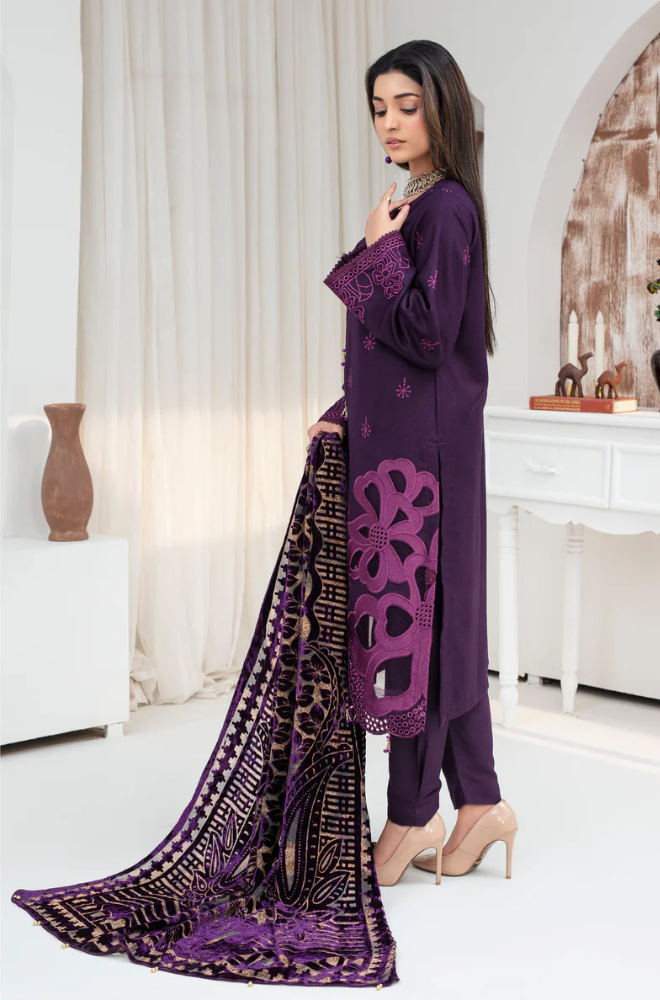 CREATION Dhanak 3PC Chikankari Embroidered Shirt With Velvet Plachi Shawl- 2108