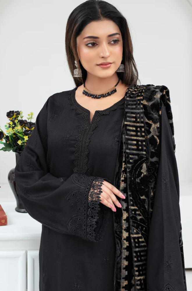 CREATION Dhanak 3PC Chikankari Embroidered Shirt With Velvet Plachi Shawl- 2107