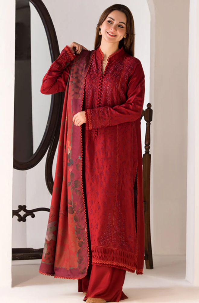 3PC DHANAK EMBROIDERED SHIRT WITH TWILL PRINTED SHAWL AND TROUSER-688