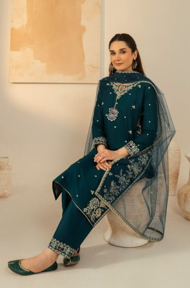 Dhanak-3PC Embroidered Shirt with Chiffon Embroidered Dupatta - 3531