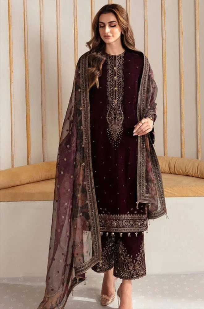 Velvet-3pc Embroidered with Organza Embroidered Dupatta-956