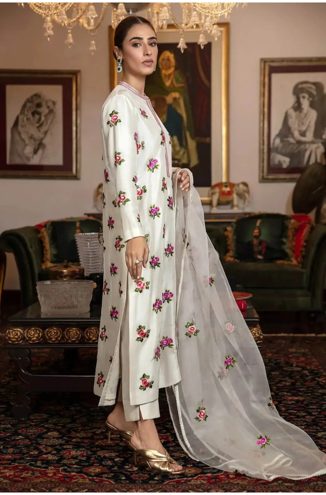 Silk 3PC Embroidered With Organza Embroidered Dupatta-1317