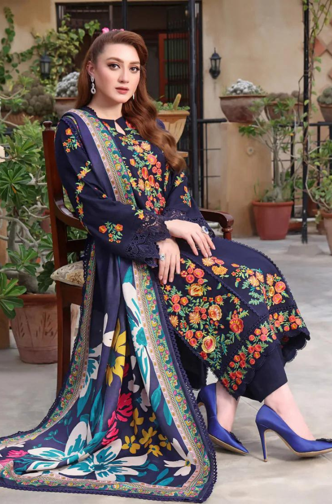 Dhanak-3PC Embroidered Shirt with Digital Printed Wool Shawl - 3545