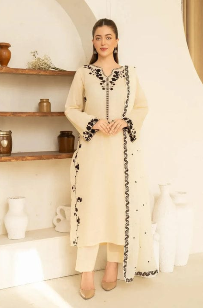Dhanak-3PC Embroidered Shirt with Chiffon Embroidered Dupatta - 3510