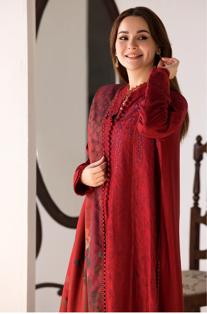 3PC DHANAK EMBROIDERED SHIRT WITH TWILL PRINTED SHAWL AND TROUSER-688