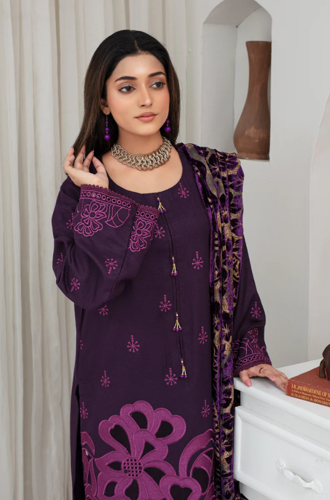 CREATION Dhanak 3PC Chikankari Embroidered Shirt With Velvet Plachi Shawl- 2108