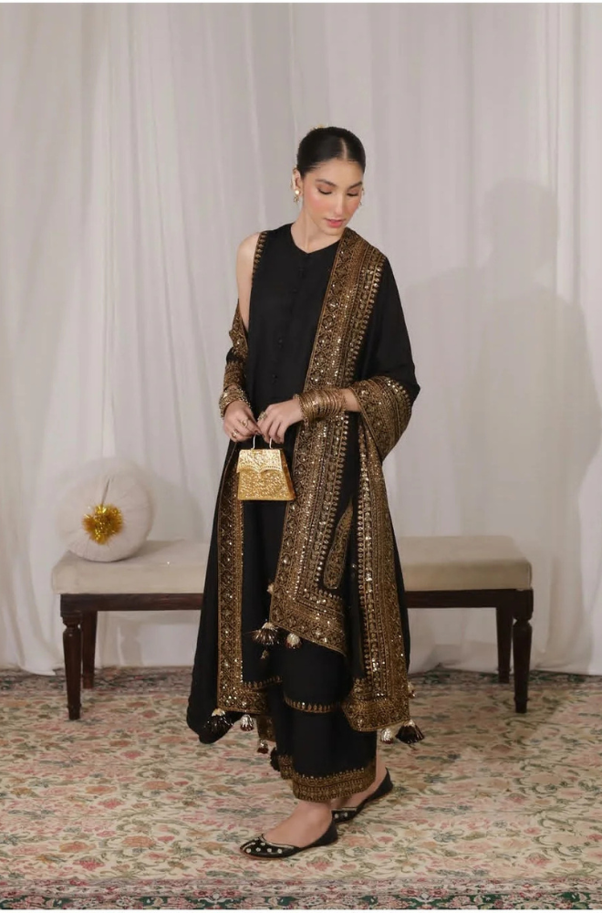 Dhanak-3PC Embroidered Shirt with Organza Sequins Embroidered Dupatta- 3373